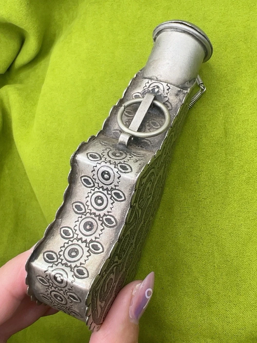 Antique Bedouin Kohl Flask Silver-Tone Engraved Middle Eastern Tribal Vessel